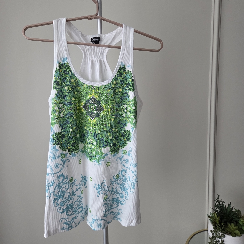 Vanity White and Green Patterned Tank Top Sz.XL